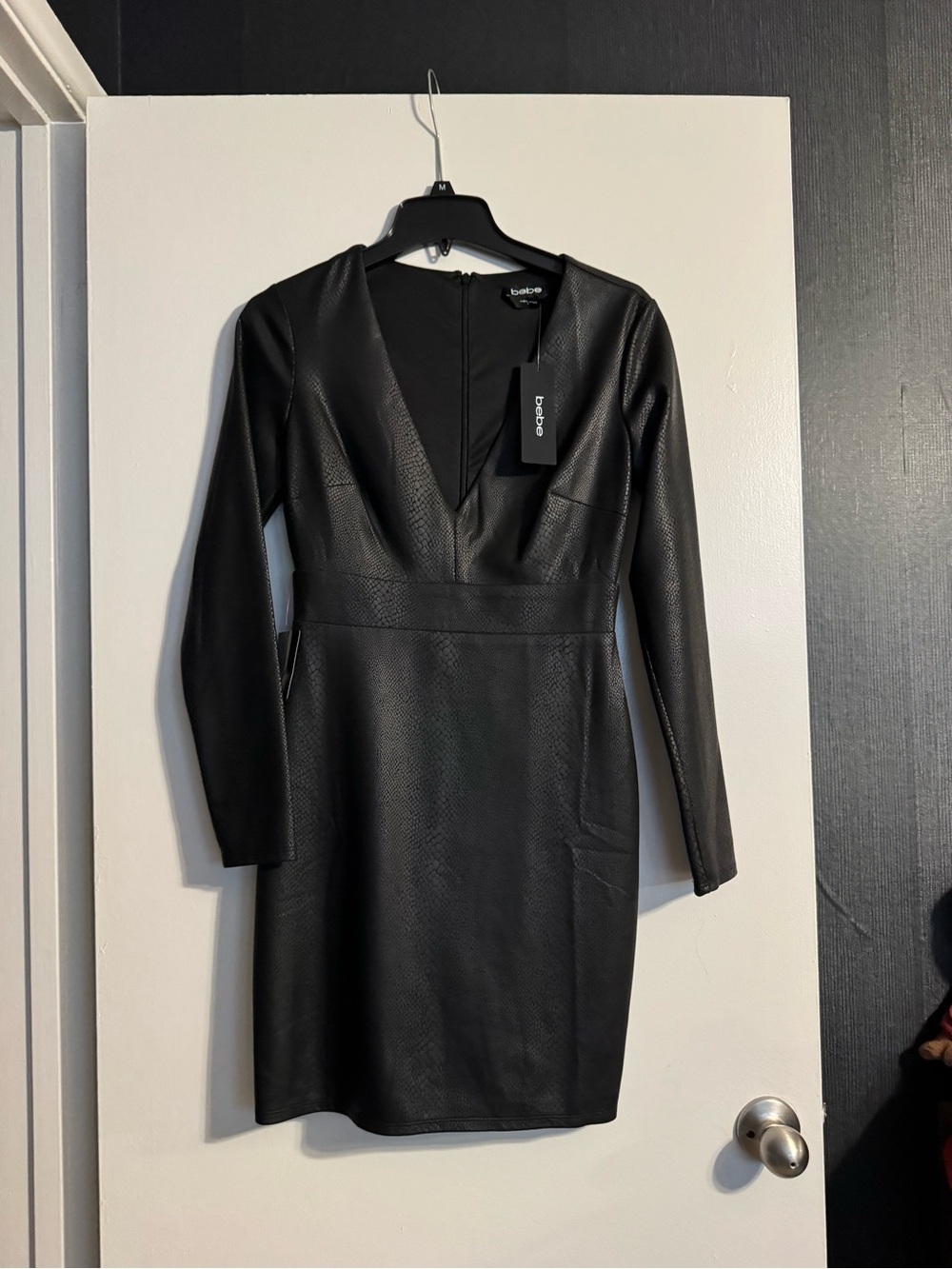 Bebe Black Faux-Leather Long-Sleeve V-Neck Dress
